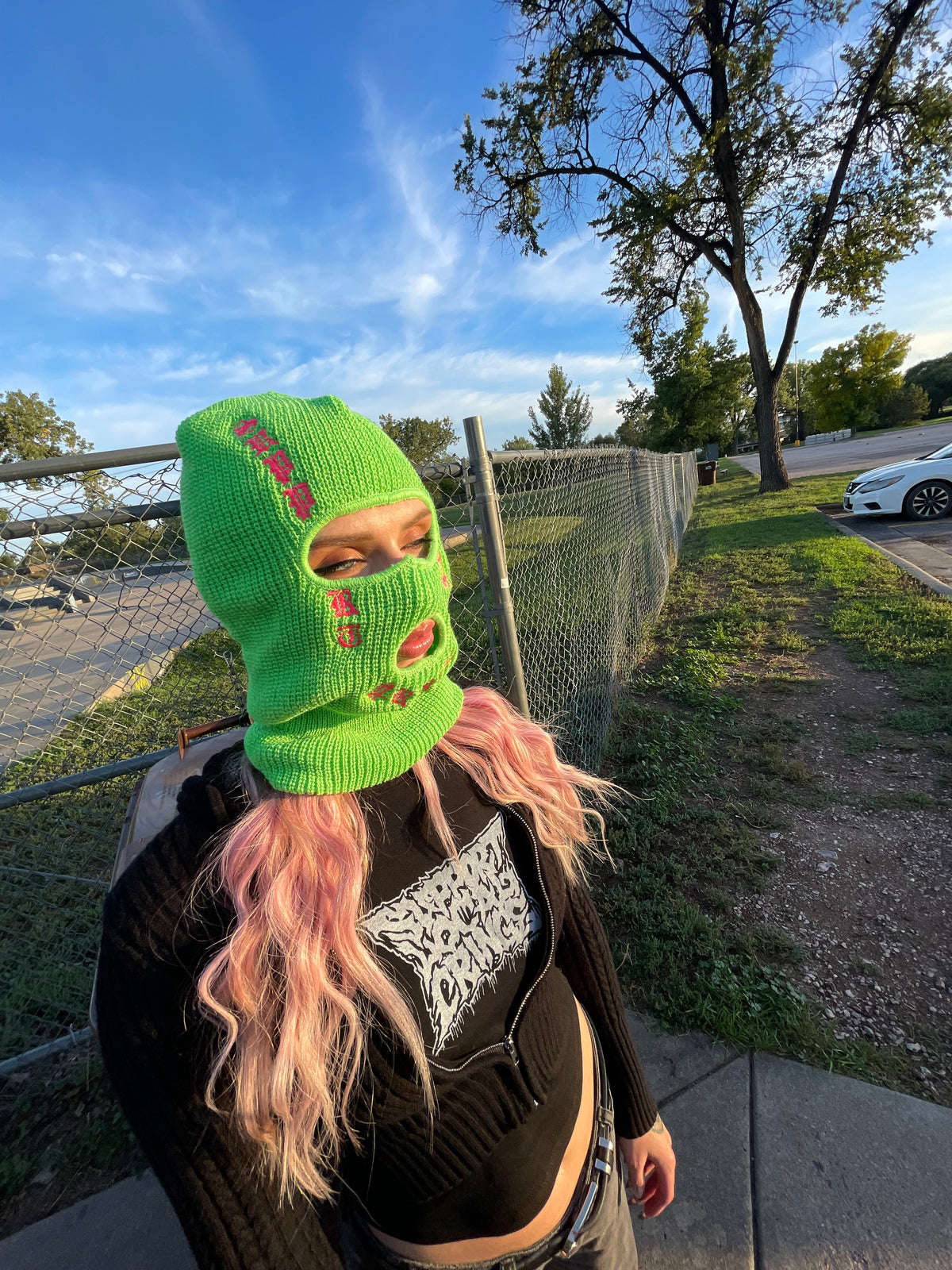 Ski mask green and pink